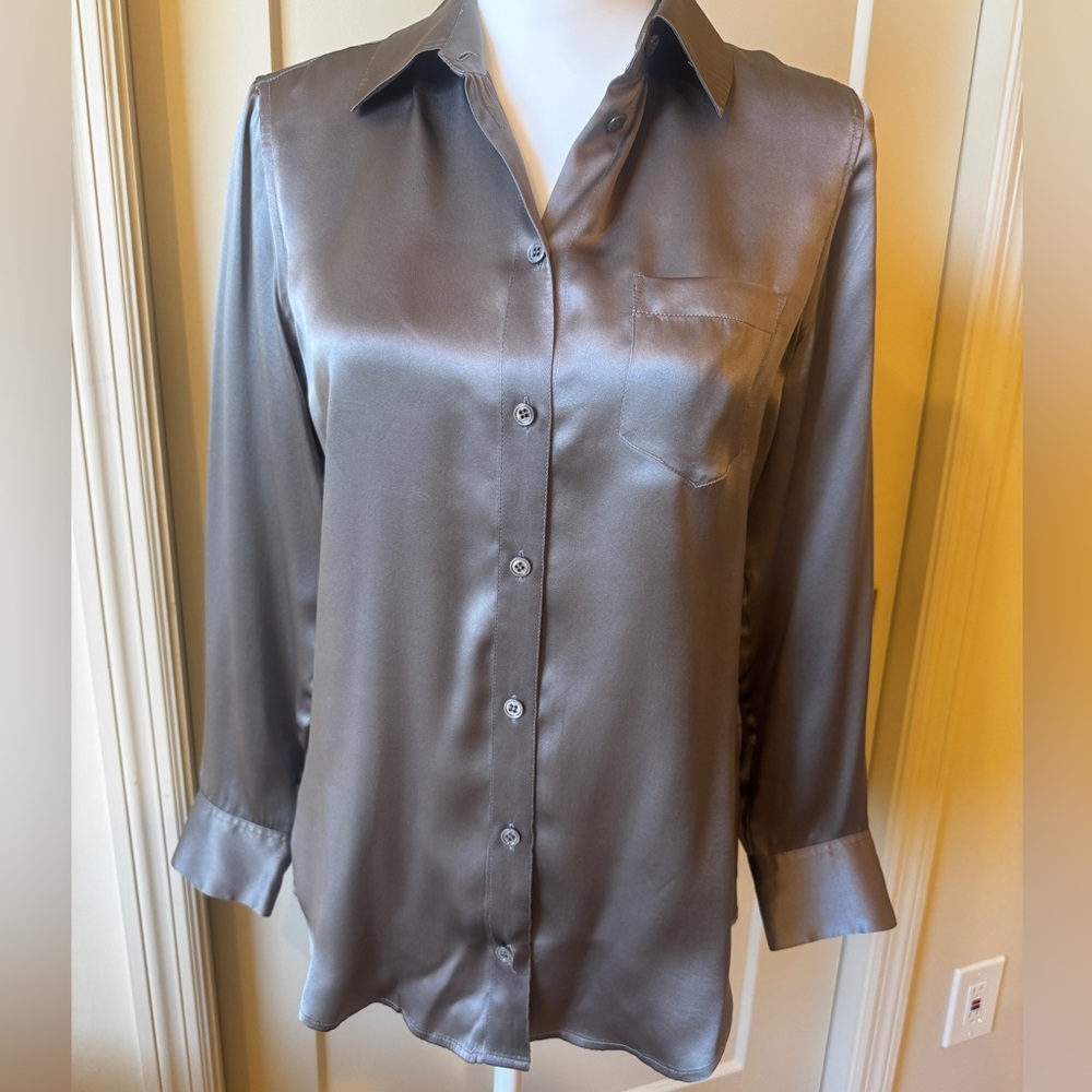 90s minimalist equipment, femme sleek Silk Button-Up Shirt